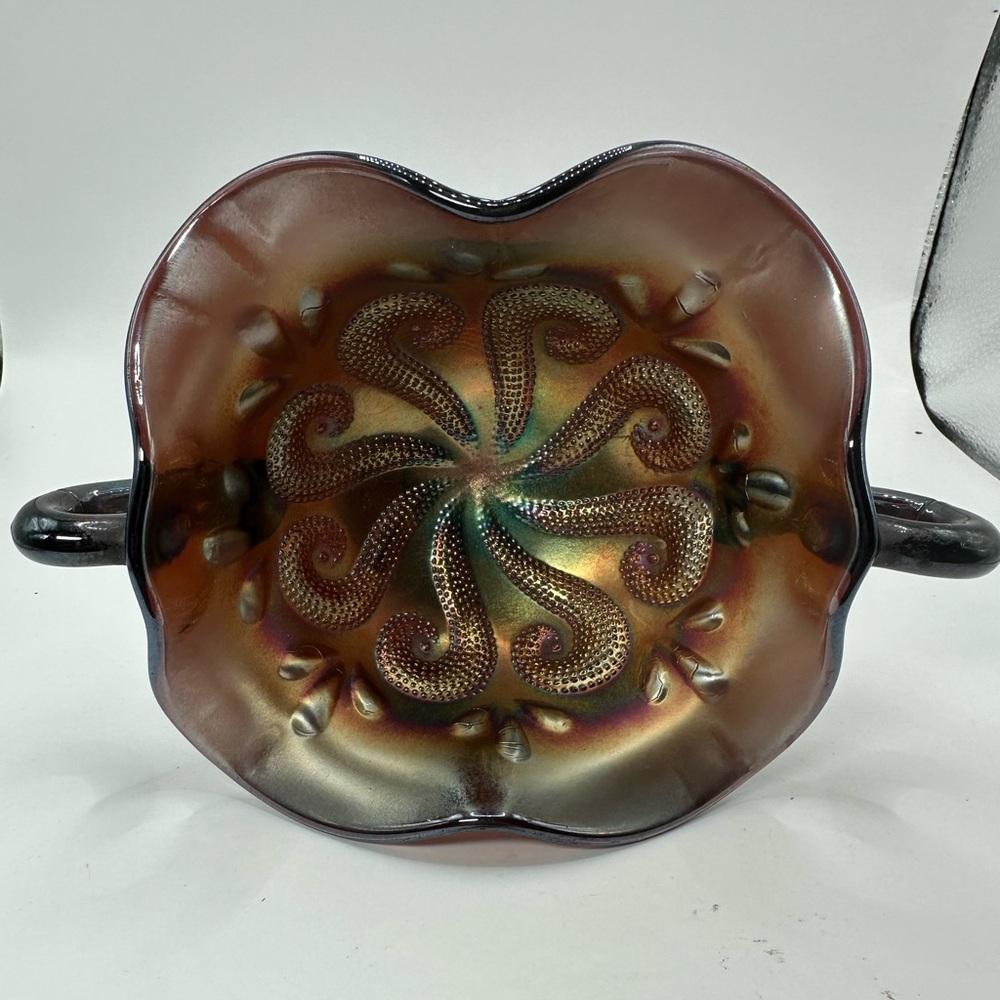 Dugan QUESTION MARKS ANTIQUE CARNIVAL ART GLASS STEMMED COMPOTE Amethyst/Purple